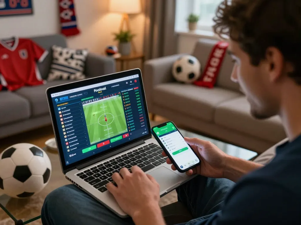 Betting on kết quả bóng đá at home, enthusiastically using a laptop and mobile app to track scores.