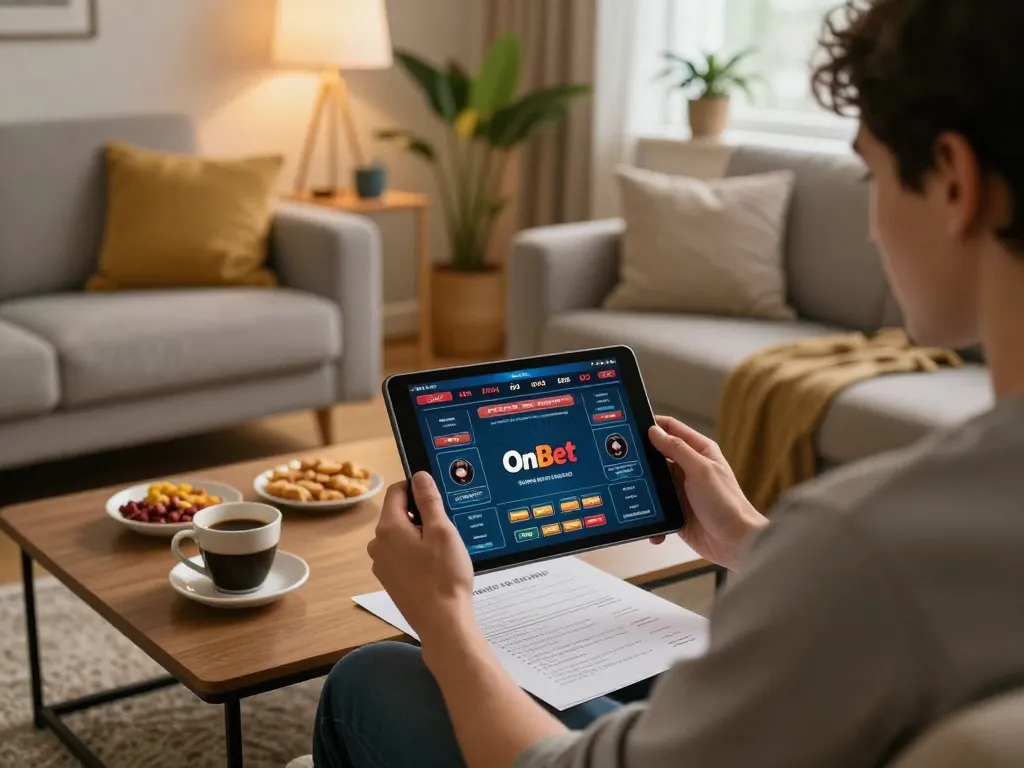 Engaging in online gambling with OnBet on a tablet, cozy home setting with strategy notes visible.