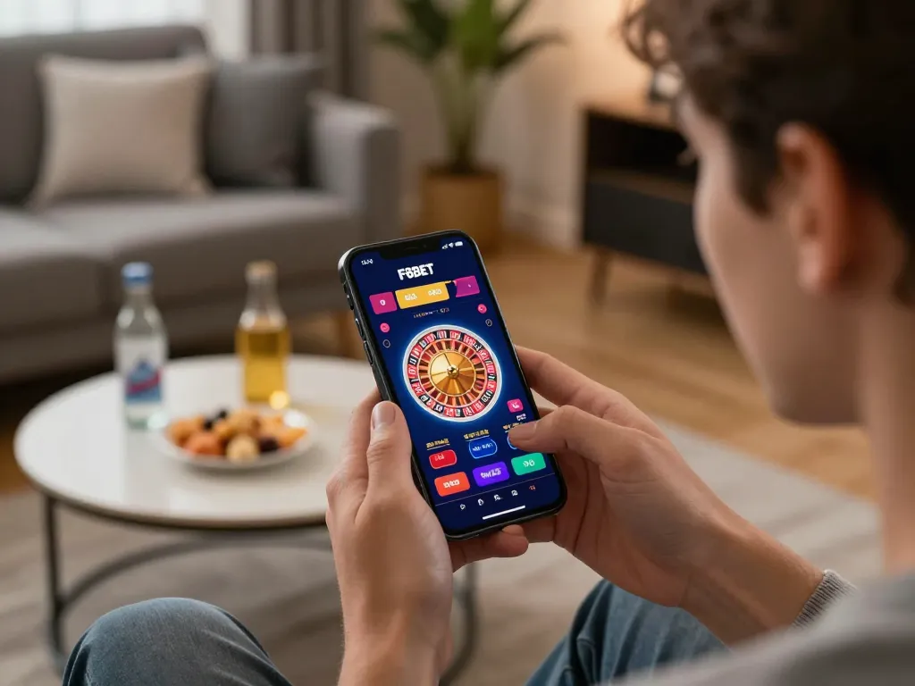 Player enjoying F8BET roulette app on smartphone in cozy setting