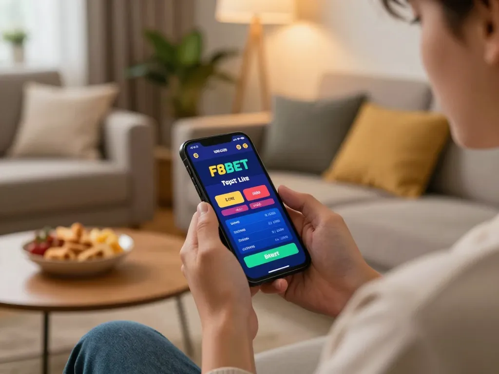 Experience thrilling mobile betting with F8BET app in a cozy home setting, showcasing live gaming action.