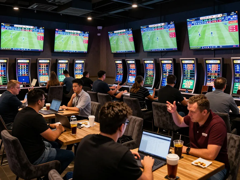 Place bets at ufabet in a vibrant sports betting lounge with enthusiastic patrons engaging with live games.