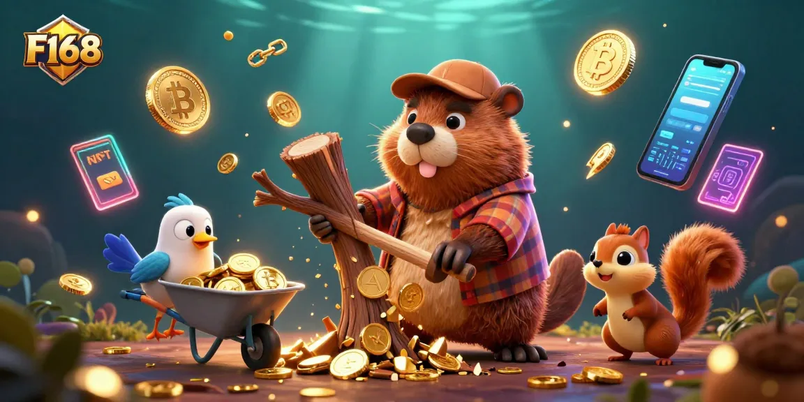 Engage with F168 through a vibrant illustration of a beaver collecting golden coins in a dynamic casino setting.