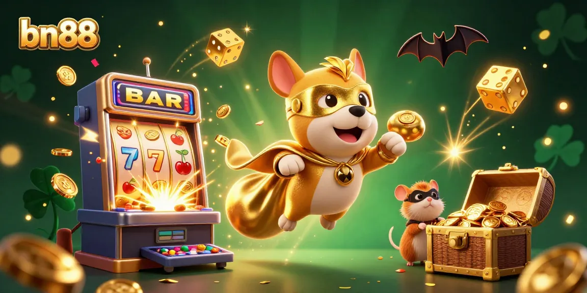 Experience thrilling gaming at bn88 with a hero dog, coins, and vibrant casino elements!