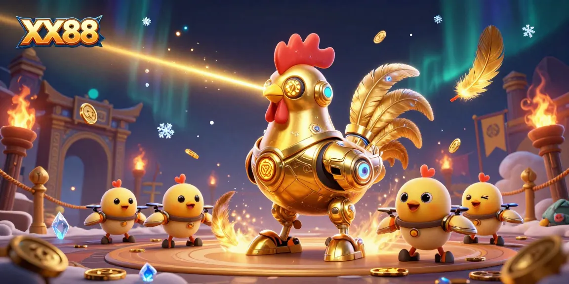 Experience thrilling gameplay with the XX88 golden rooster casino characters amidst vibrant coins and dynamic action.