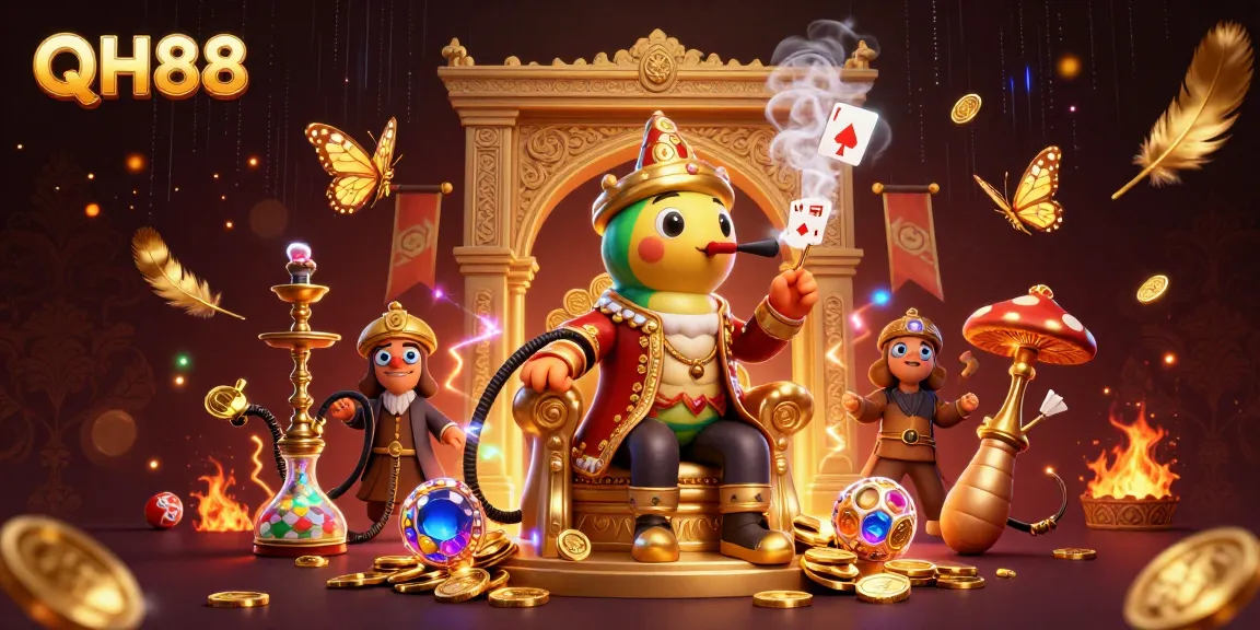 Experience poker fun at QH88 with a vibrant, dynamic casino scene illustration.