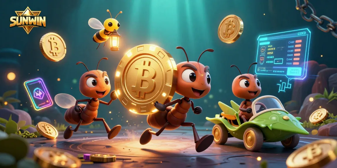Experience SUNWIN's thrilling gaming adventure as ants carry a giant poker chip through a vibrant, animated scene.