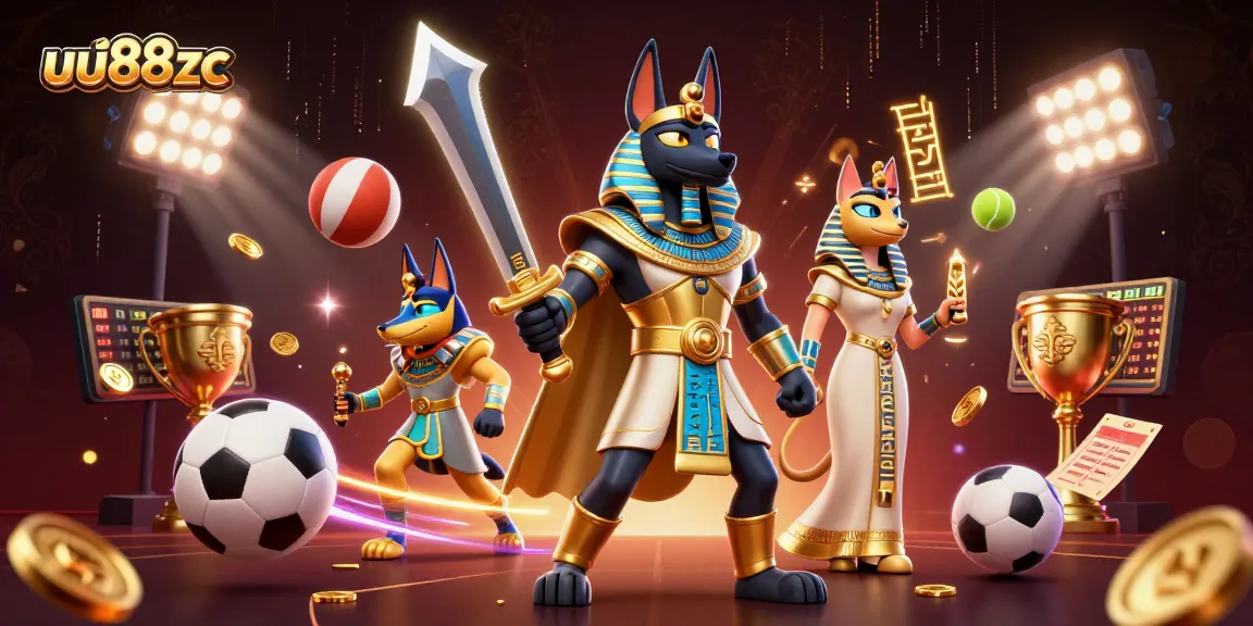 Engage with uu88zc's thrilling casino games featuring an epic 3D illustration of Anubis and Bastet.