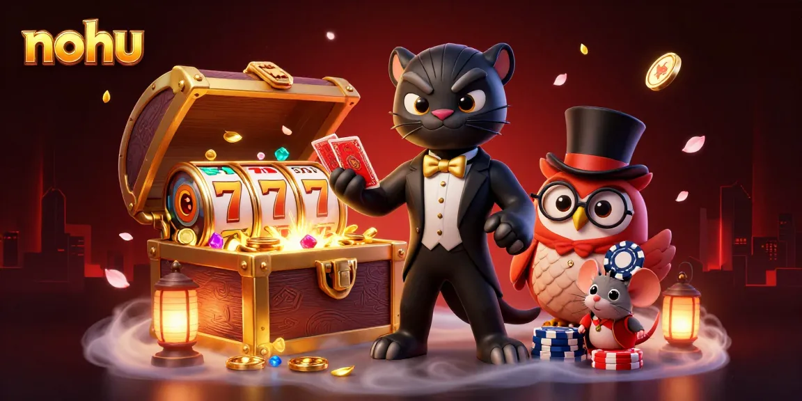 Nohu thrills players with elegant cartoon characters in a vibrant casino scene filled with slot reels and treasure.