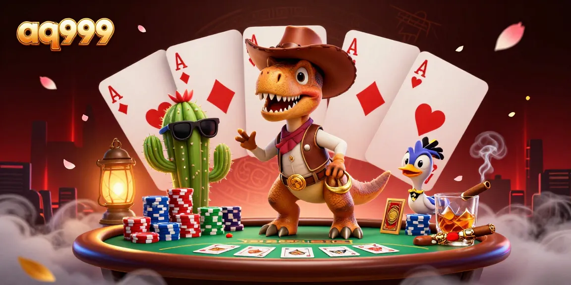 A lively scene of aq999 featuring a T-Rex poker player, poker chips, and casino action.