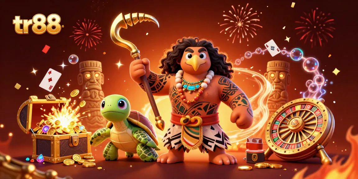Experience thrilling wins at tr88 with a vibrant casino illustration featuring unique characters and game elements.