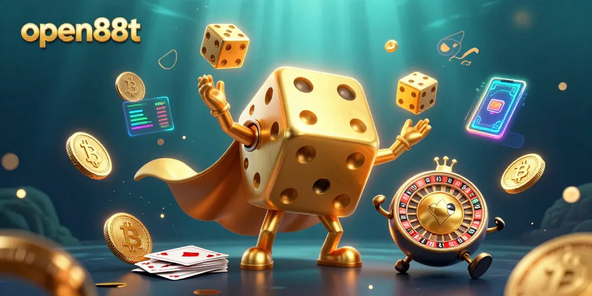 Engage with open88t's dynamic 3D casino scene featuring a dice golem and crypto elements.
