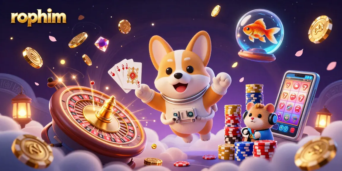 Engage with rophim's vibrant casino scene featuring an astronaut corgi and floating poker elements.