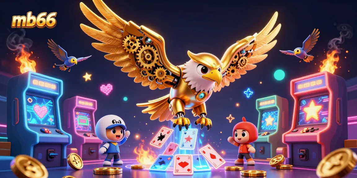 Experience thrilling gameplay with mb66 as a cybernetic eagle dives through holographic cards in a vibrant casino scene.