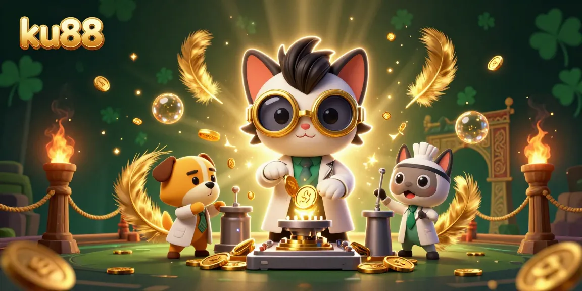 ku88 showcases a vibrant casino scene with a mad scientist cat and lab assistant dog creating gold coins.
