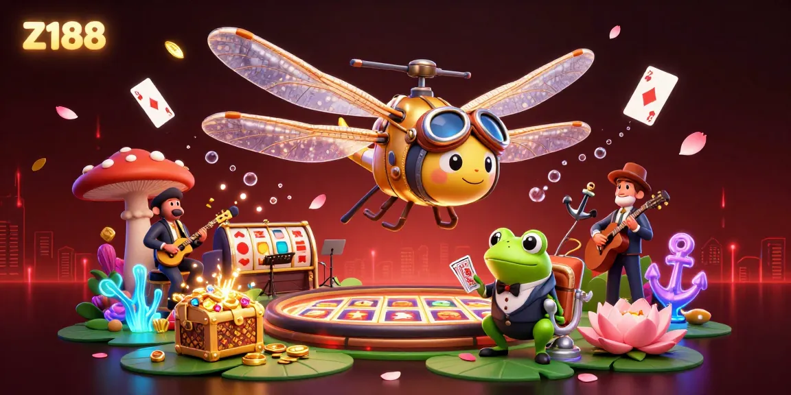 Z188 offers an exhilarating gambling experience with a dragonfly pilot and frog croupier highlighting casino excitement.