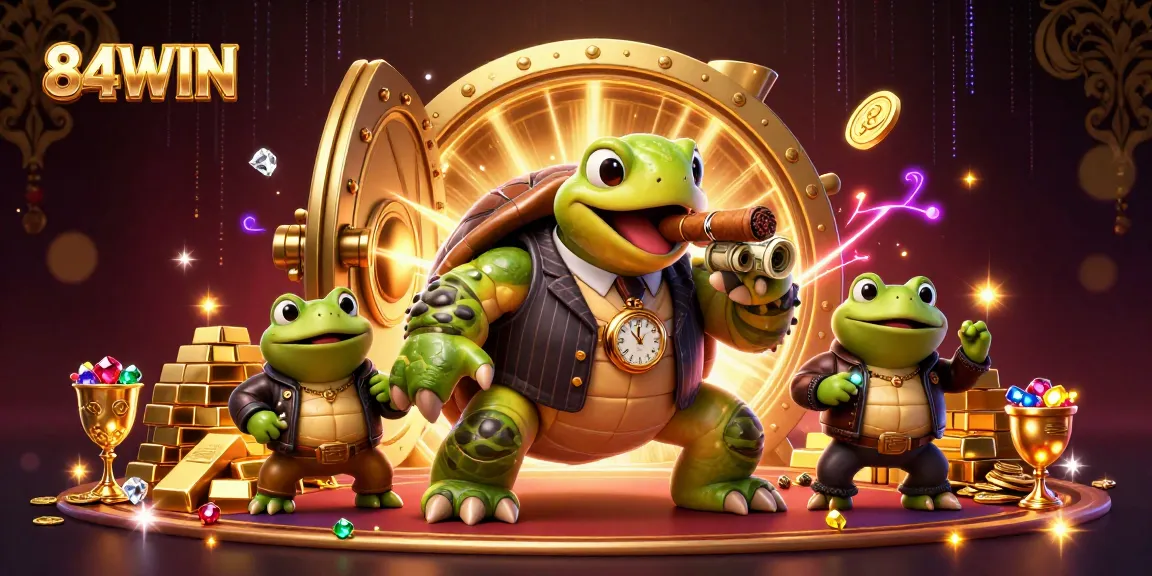 Experience thrilling games with the 84WIN turtle in a mobster suit, surrounded by sparkling gems and casino lights.