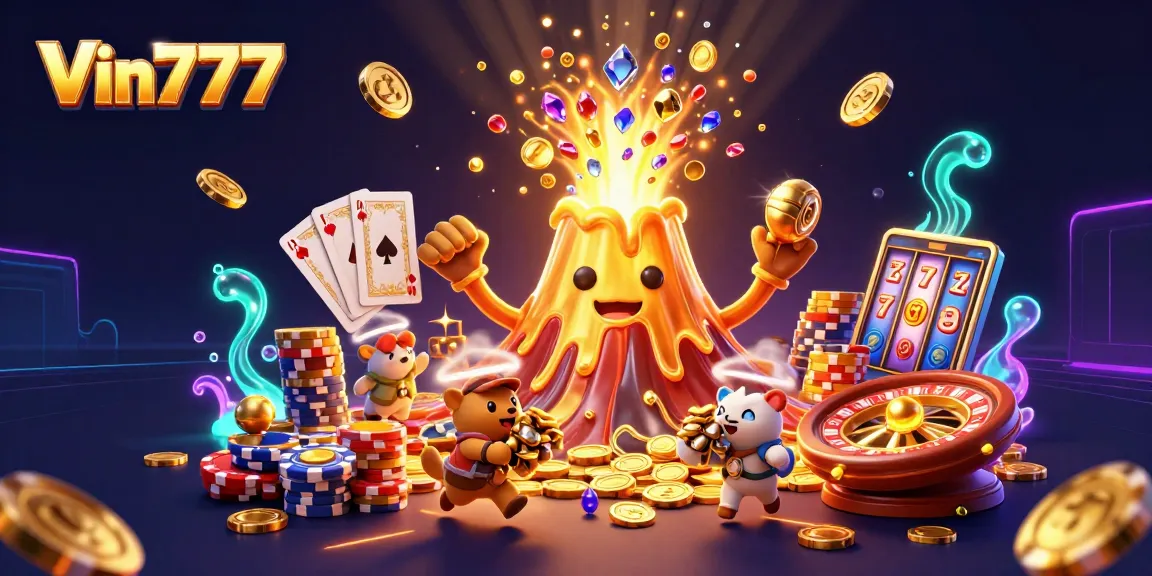 Spin the reels at Vin777 with a vibrant 3D volcanic eruption of coins and treasures!