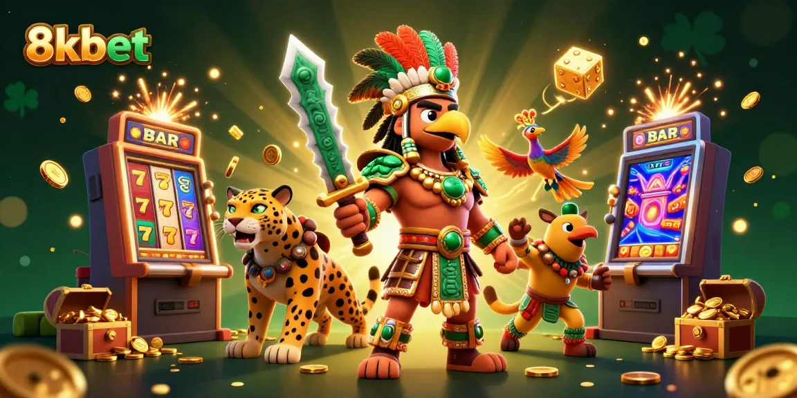 Experience thrills at 8kbet with a stunning illustration of a warrior theme, vibrant slot action, and dynamic game elements.