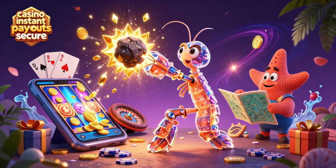 Experience casino instant payouts secure with vibrant 3D samurai mantis shrimp and dazzling slots in a cosmic scene.