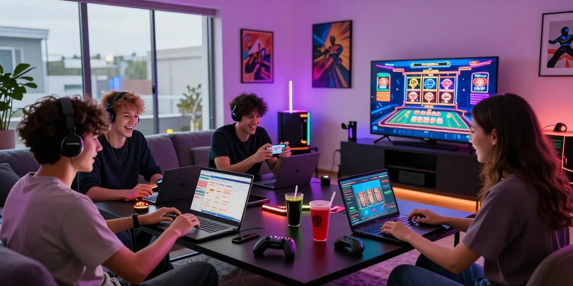 Enthusiastic group enjoying credit card casinos in a vibrant gaming room, with laptops and colorful lights.