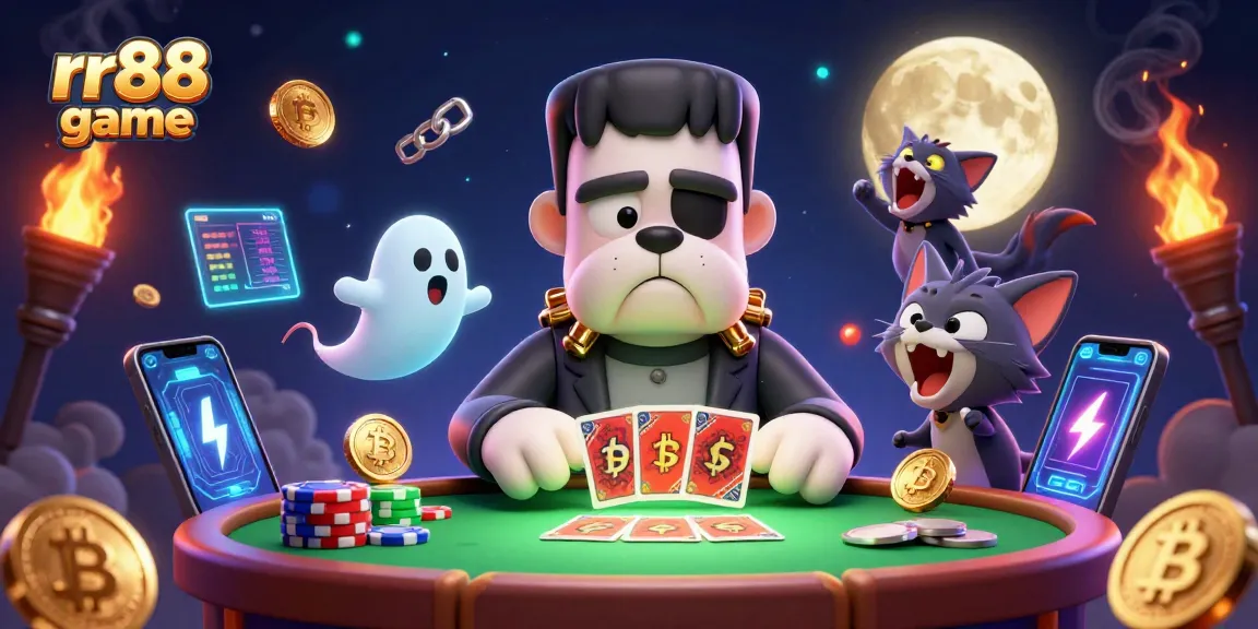Engage with the rr88 game atmosphere as a cartoon bulldog deals cards, showcasing a vibrant gambling scene.