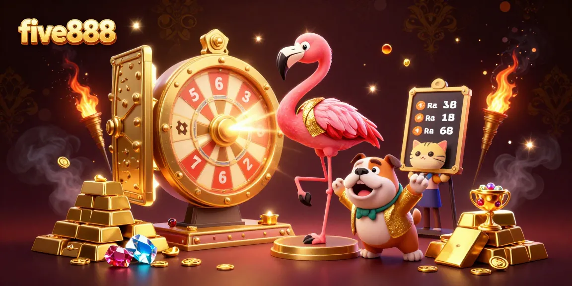 Feel the thrill at five888 as contestants spin the prize wheel in a vibrant casino scene.