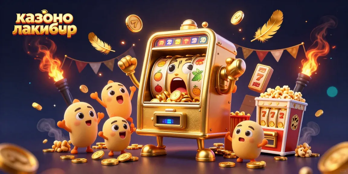 Win big at казино лакибир with a golden slot machine hitting a jackpot amidst cheering baby slots and dynamic game elements.