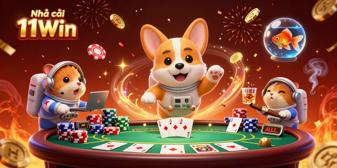 Engage with Nhà cái 11Win in a dynamic casino scene featuring an astronaut corgi and festive gambling elements.